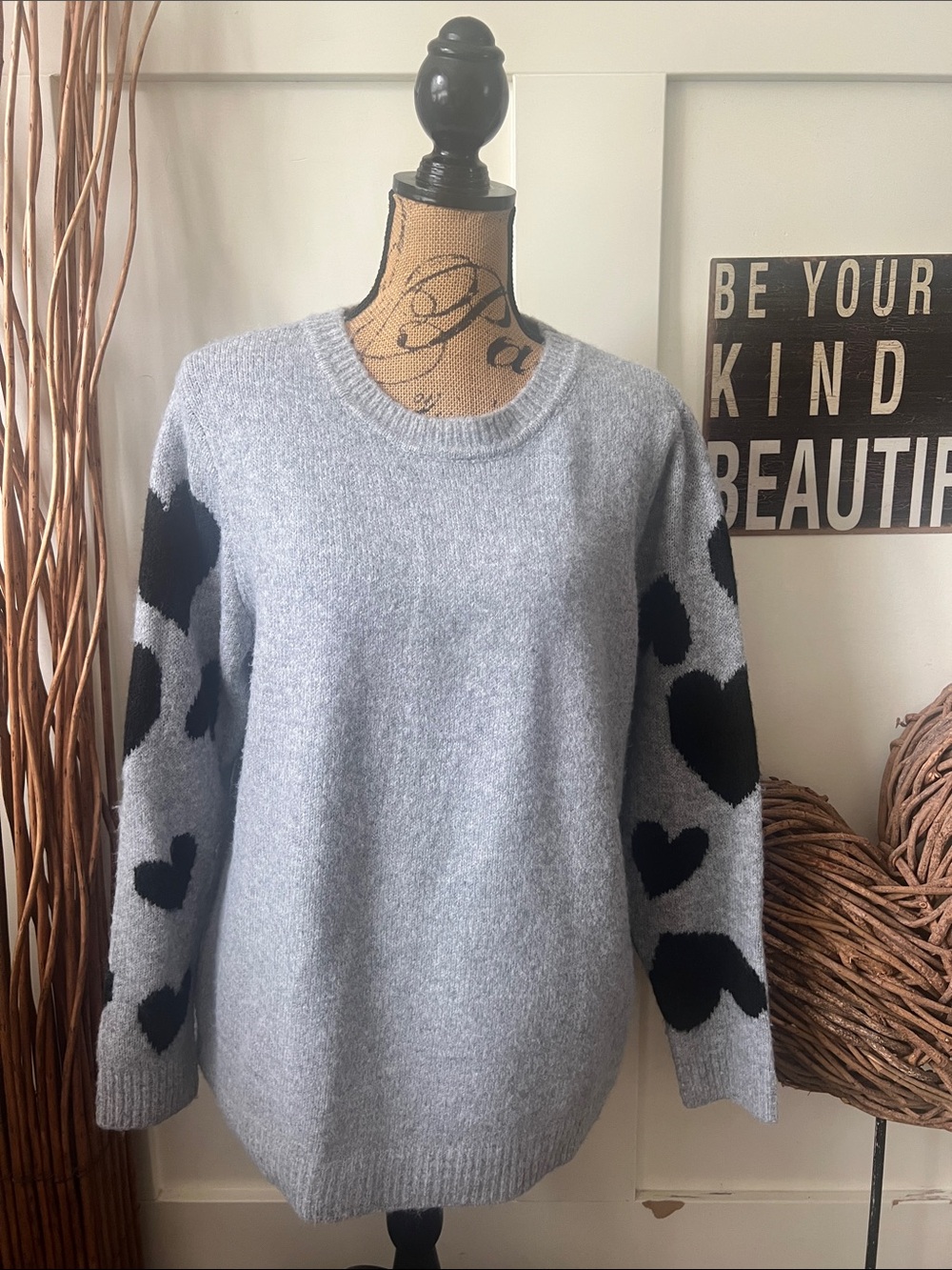 cupcakes & cashmere Light Gray Crewneck Sweater with Black Heart Sleeves